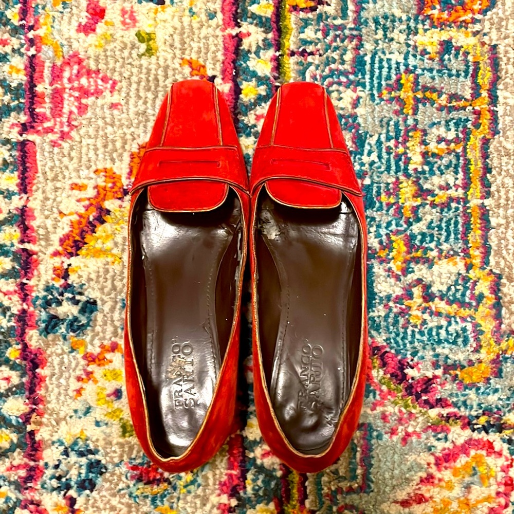 Red Franco Sarto Suede Penny Loafer with contrast piping and a square toe. 7.5M
